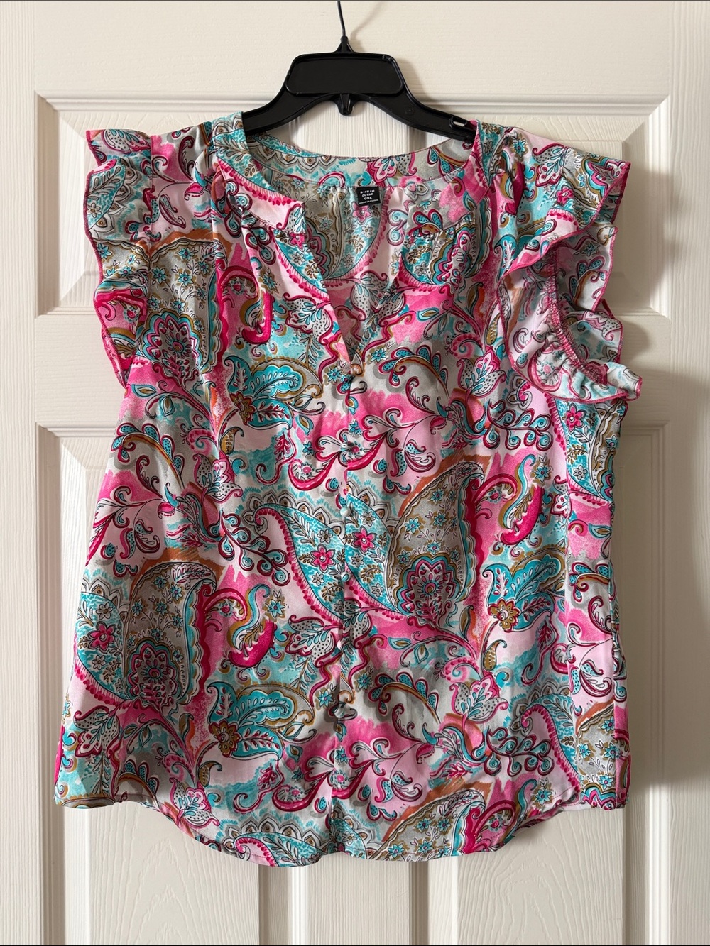 SHEIN Pink & Teal Paisley Ruffle-Sleeve Button Blouse